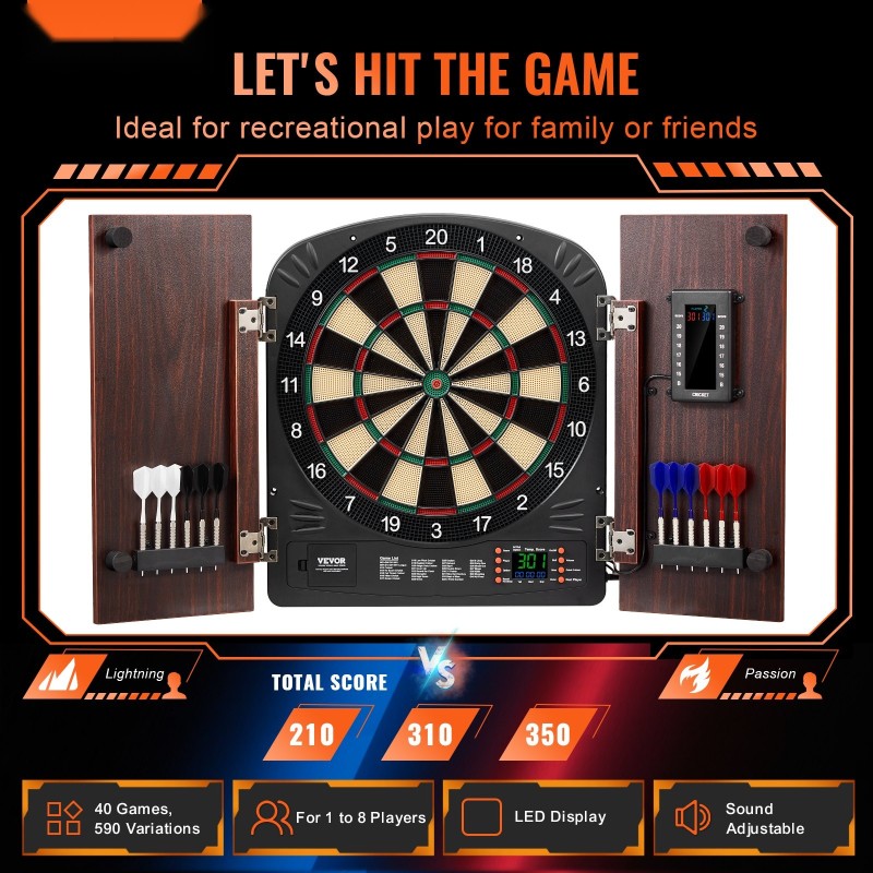 Pehmeäkärkinen tikkataulu ja kaappisetti 34,3 cm LED-näytöllä elektronisella pistelaskulla sisältää tikat