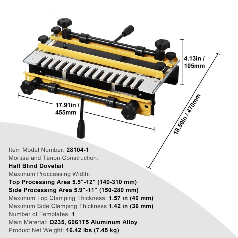 Päätyliitosjigi valettua alumiinia 30,5 cm työstöleveydellä 12,7 mm sabluunalla