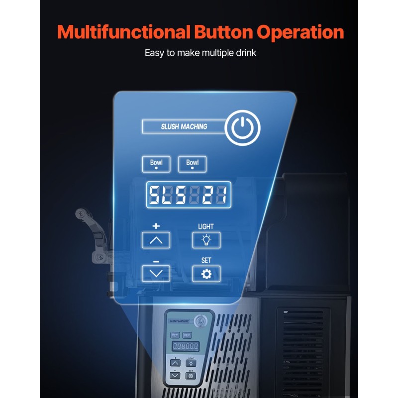 Slush-kone ruostumatonta terästä kahdella kolmen litran säiliöllä viisitoista asetusta kotiin ja kahviloihin