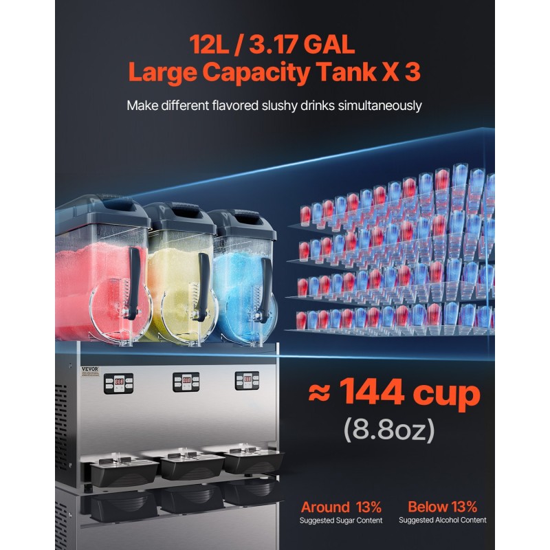 Slush-kone ruostumatonta terästä kolme kahdentoista litran säiliötä kahviloihin ja baareihin