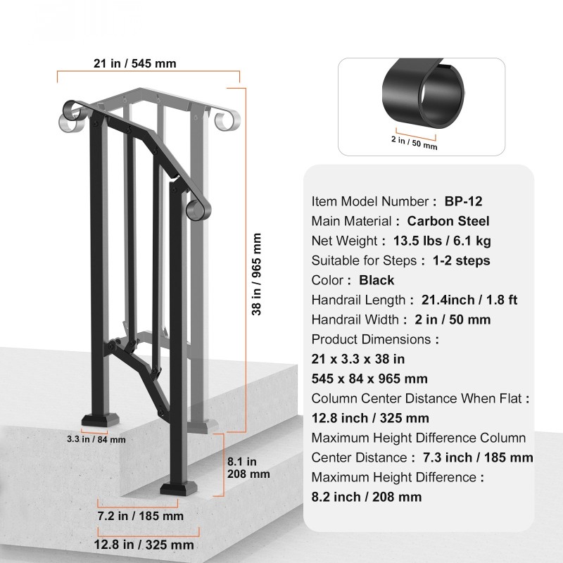 Portaiden käsijohde hiiliterästä ulkokäyttöön yhdelle tai kahdelle portaille asennussarjan kanssa musta