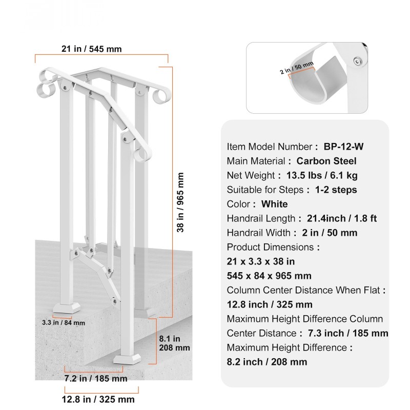 Käsijohde ulkoportaisiin hiiliteräksinen 1–2 portaalle valkoinen retrokaari