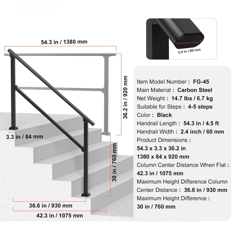 Käsijohde 1380 mm hiiliterästä 4–5 askelman ulkoportaisiin musta neliöputki asennussarjalla