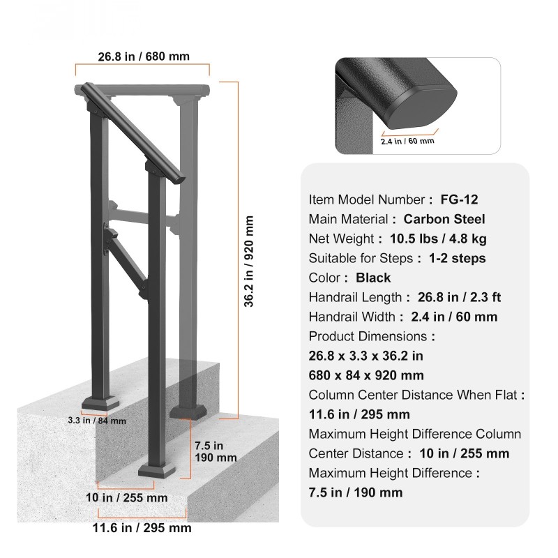 Hiiliteräksinen käsijohde ulkoportaikkoon 1–2 portaalle musta 680 mm säädettävä kulma