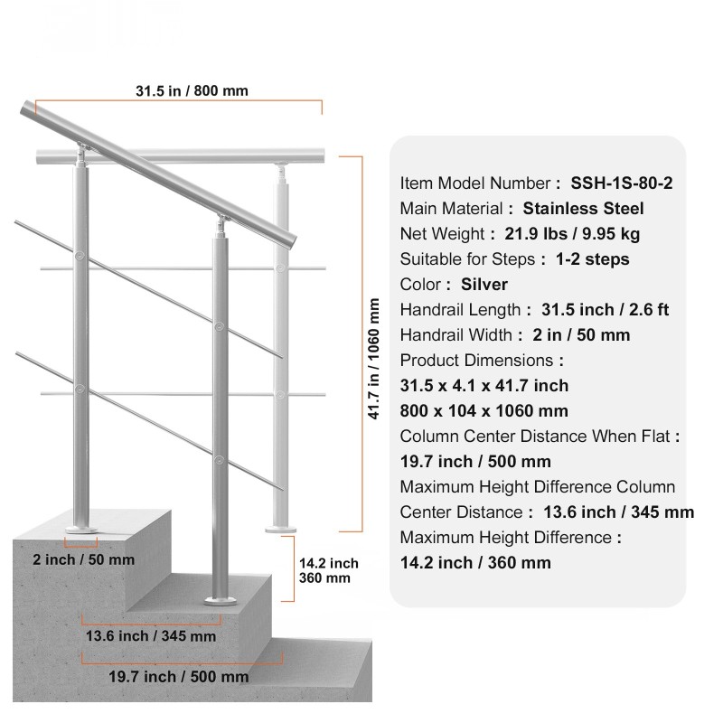 Kaide ulkoportaisiin ruostumattomasta teräksestä 800 mm kaksipilarinen kaksi poikkitankoa säädettävä kulma