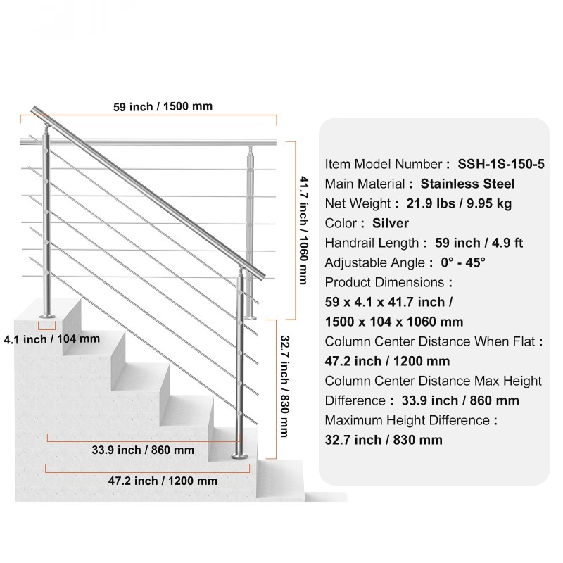 Porraskaide ruostumatonta terästä 1500 mm kaksipilarinen 5 poikkitankoa ulkokäyttöön