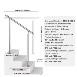 Käsijohde ulkoportaisiin ruostumatonta terästä 100 cm kahden pylvään säädettävä kulma 0–45 astetta