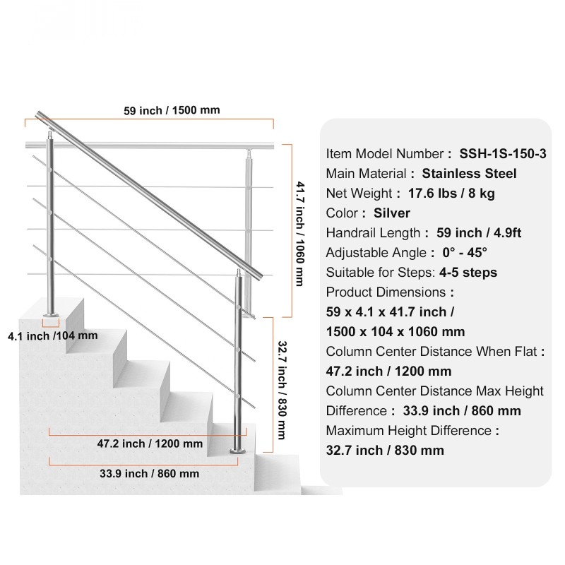 Ulkokaide portaisiin 149,9 cm ruostumaton teräs kolmella poikkitangolla säädettävällä kulmalla