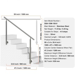 Ruostumaton teräs kaide 150 cm sivukiinnitteinen ulkoporteihin säädettävällä kulmalla