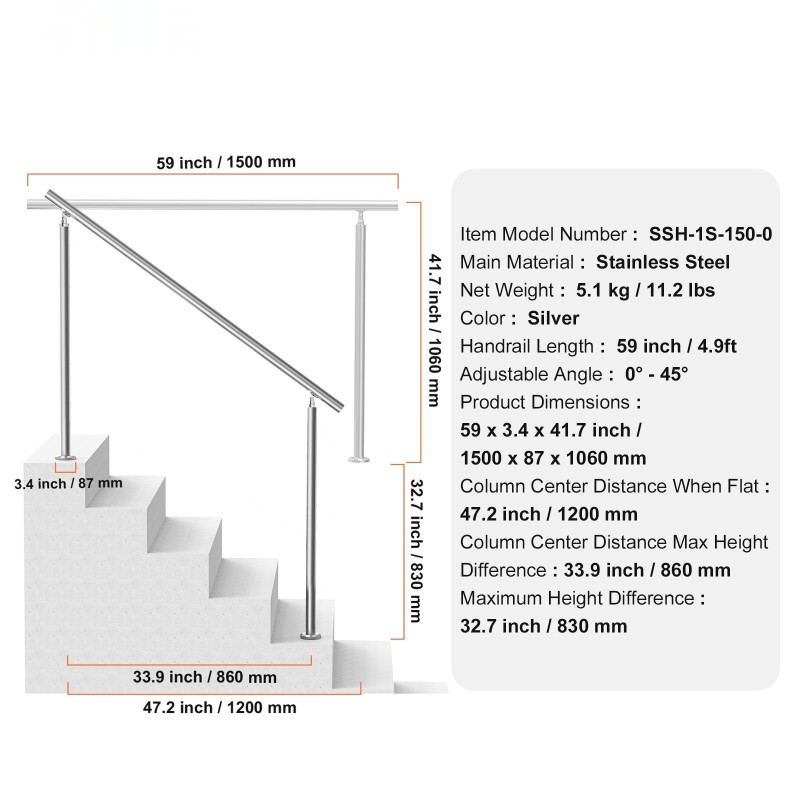 Käsijohde ulkoportaisiin ruostumatonta terästä 150 senttimetriä kaksipylväinen säädettävä kulma kiinnitystarvikkeet