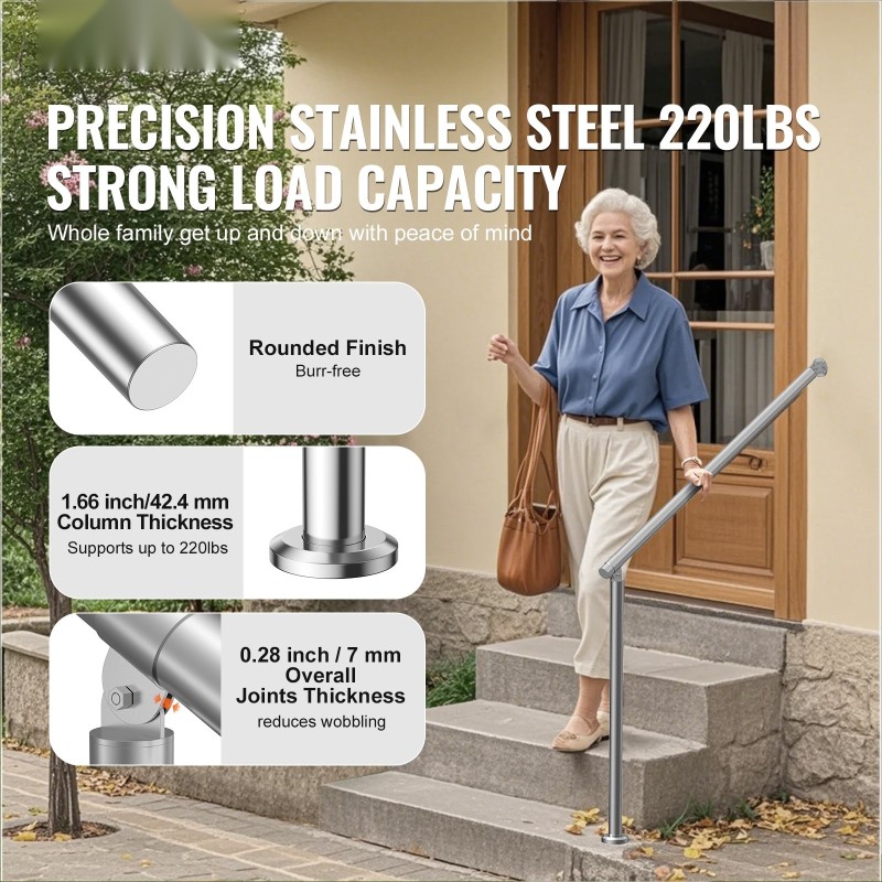 Ulkokaide ruostumattomasta teräksestä 100 cm portaisiin seinään ja lattiaan asennettava