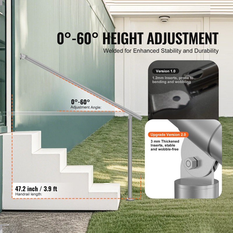 Käsijohde ulkoportaisiin ruostumatonta terästä 120 cm säädettävä kulma 0–60 astetta asennussarja mukana