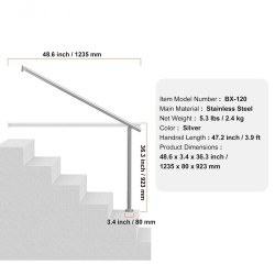 Käsijohde ulkoportaisiin ruostumatonta terästä 120 cm säädettävä kulma 0–60 astetta asennussarja mukana