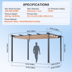 Pergola vedettävällä katoksella alumiinirunkoinen UV-suojattu 2,96 x 3,95 m