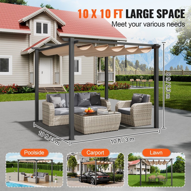 Alumiininen pergola 3 x 3 m vedettävällä beige katoksella UV50+