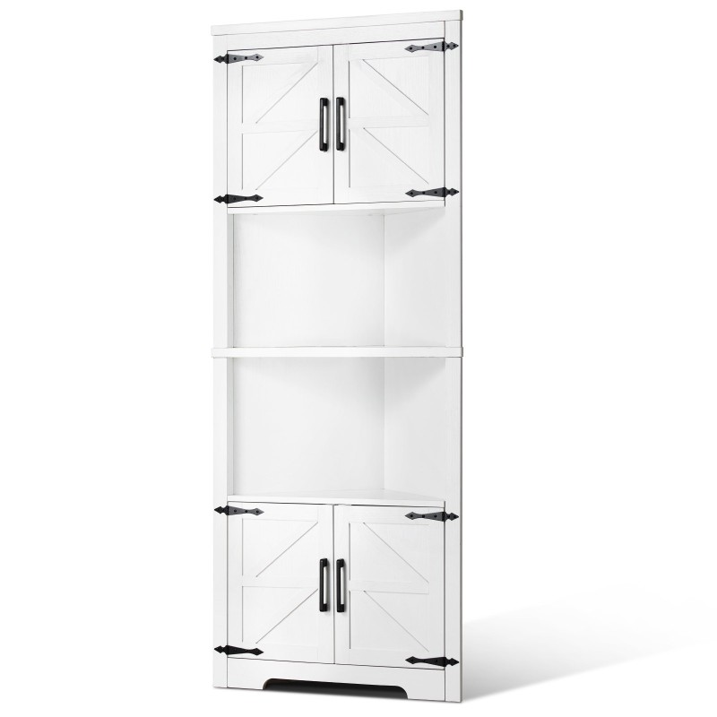 Kulmakaappi 171 cm korkea MDF PB 6 säädettävää hyllyä 4 puuovea valkoinen