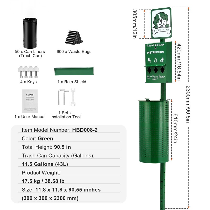 Koiranjäteasema galvanoidusta teräksestä 43 litraa maahan asennettava vihreä 600 jätepussia 50 suojapussia