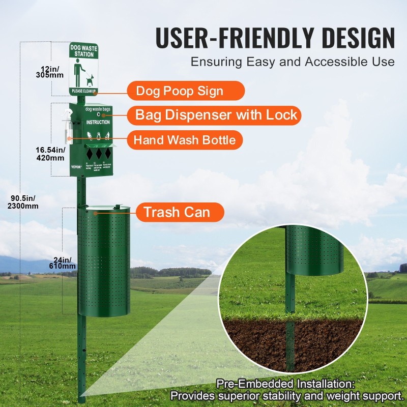 Koiranjäteasema galvanoidusta teräksestä 43 l roskasäiliö 600 jätepussia 50 suojapussia ulkokäyttöön
