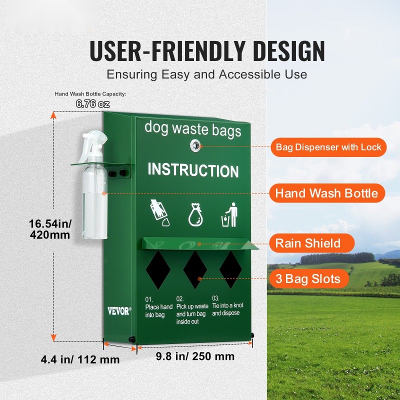 Koirankakkapussien annostelija sinkitty teräs 600 pussia lukittava käsienpesupullolla ulkokäyttöön