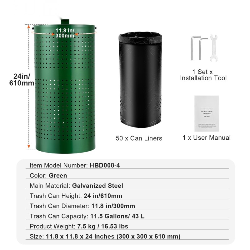 Koirankakkaroskis galvanoitua terästä 43 l ulkokäyttöön kannella 50 jätesäkkiä