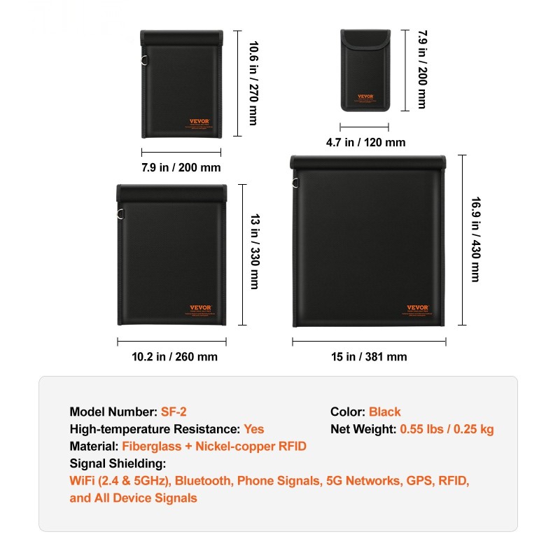 Signaalinsuojauspussisetti 4-osainen lasikuitu nikkeli-kupari palonkestävä musta kannettavalle ja mobiililaitteille
