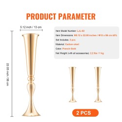 Metallinen maljakko hiiliteräs 56 cm 2 kpl ranskalainen kulta pöytäkoriste häihin