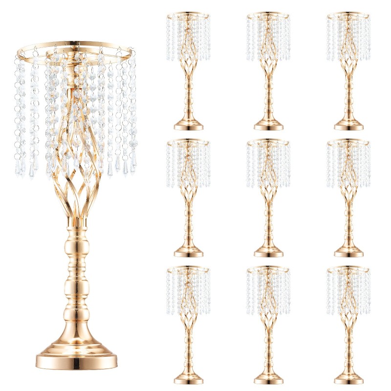 Hiiliteräksinen kukkateline 55 senttimetriä korkea kymmenen kappaleen kullanvärinen pöytäkeskiö