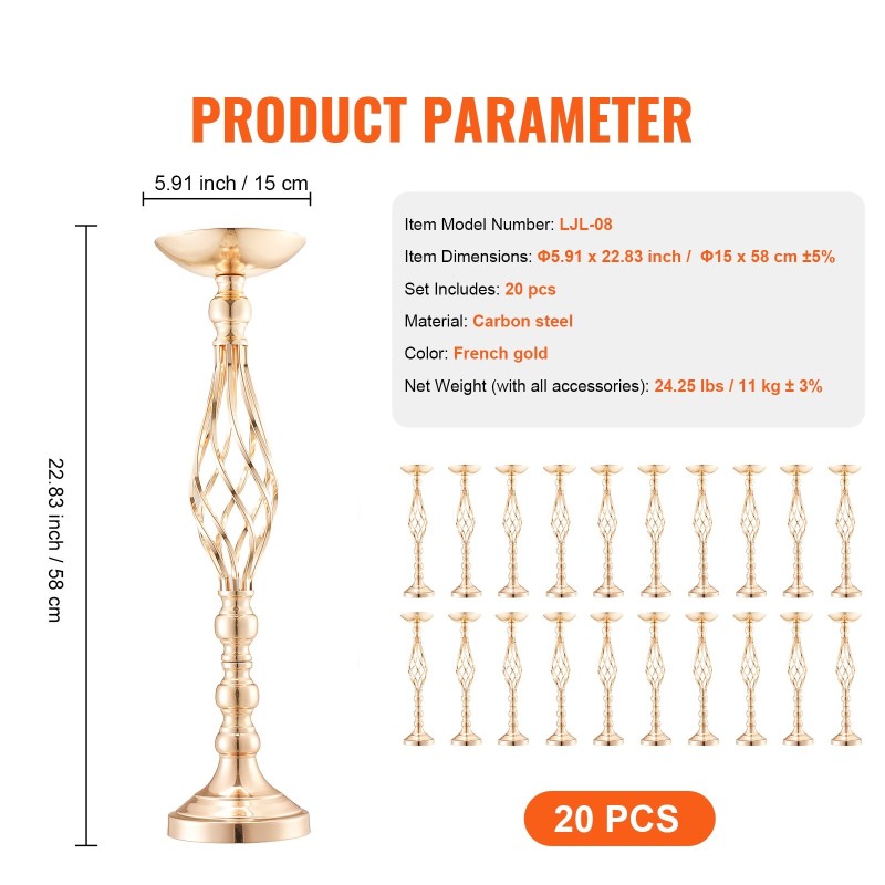 Hiiliteräksinen juhlamaljakko 58 cm 20 kpl kultainen pöytäkoriste