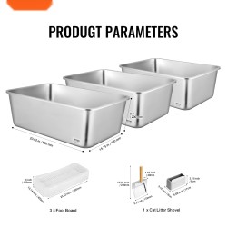 Kissanhiekkalaatikko ruostumatonta terästä syvä kolmen kappaleen setti suurikokoisille metallisella lapiolla suodattavalla