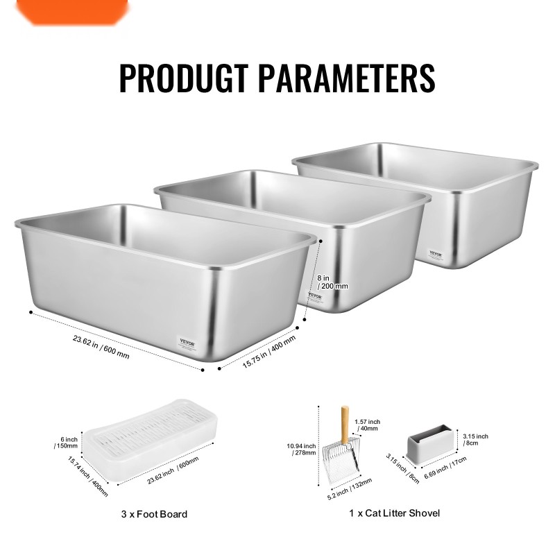 Kissanhiekkalaatikko ruostumatonta terästä syvä kolmen kappaleen setti suurikokoisille metallisella lapiolla suodattavalla