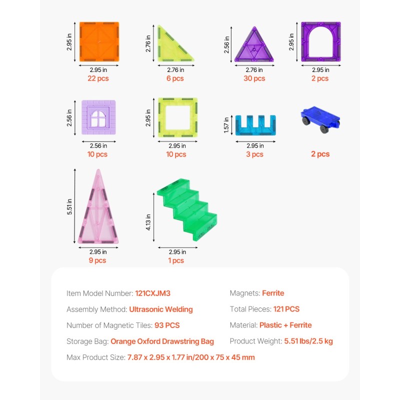 Magneettiset rakennuspalikat ABS-muovia 121 osaa 2 auton alustaa ja 26 numerokorttia
