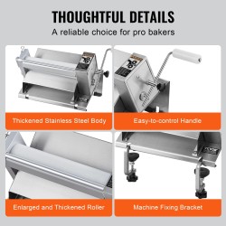 Manuaalinen taikinakaulin pöytämalli ruostumattomasta teräksestä säädettävä 0–12 mm irrotettavalla kahvalla