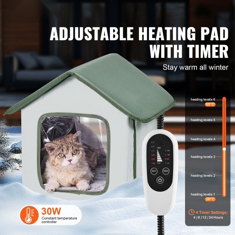Korotettu lämmitettävä kissatalo ulkokäyttöön 600D kangas lämmitystyyny ajastin vihreä