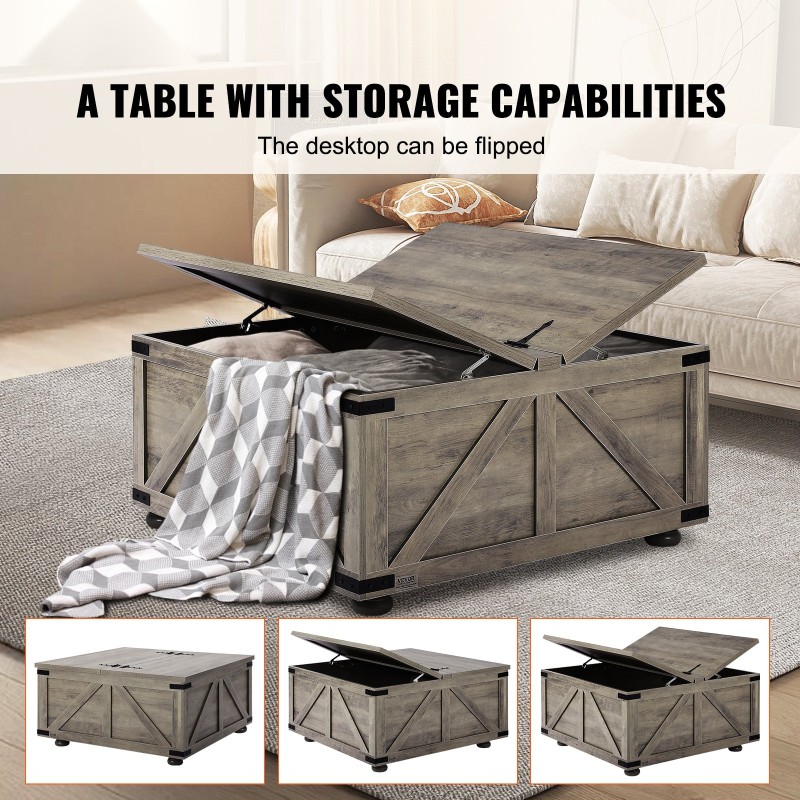 Sohvapöytä 36 tuuman neliö kääntyvä kansi suuri säilytystila lastulevy tammijalat harmaanruskea