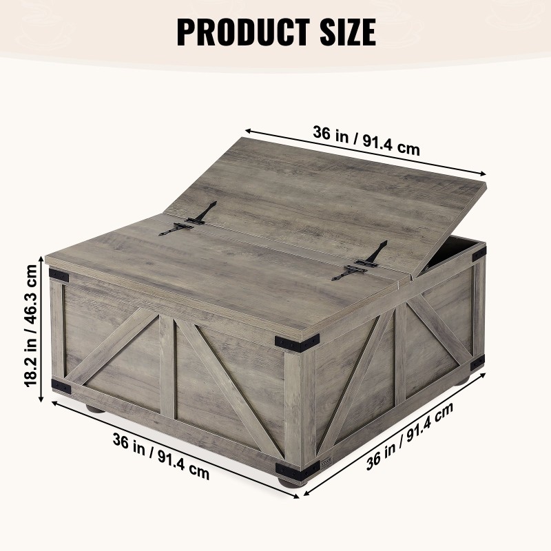 Sohvapöytä 36 tuuman neliö kääntyvä kansi suuri säilytystila lastulevy tammijalat harmaanruskea