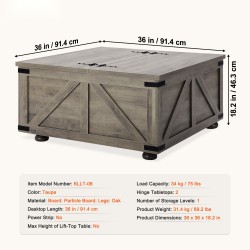 Sohvapöytä 36 tuuman neliö kääntyvä kansi suuri säilytystila lastulevy tammijalat harmaanruskea