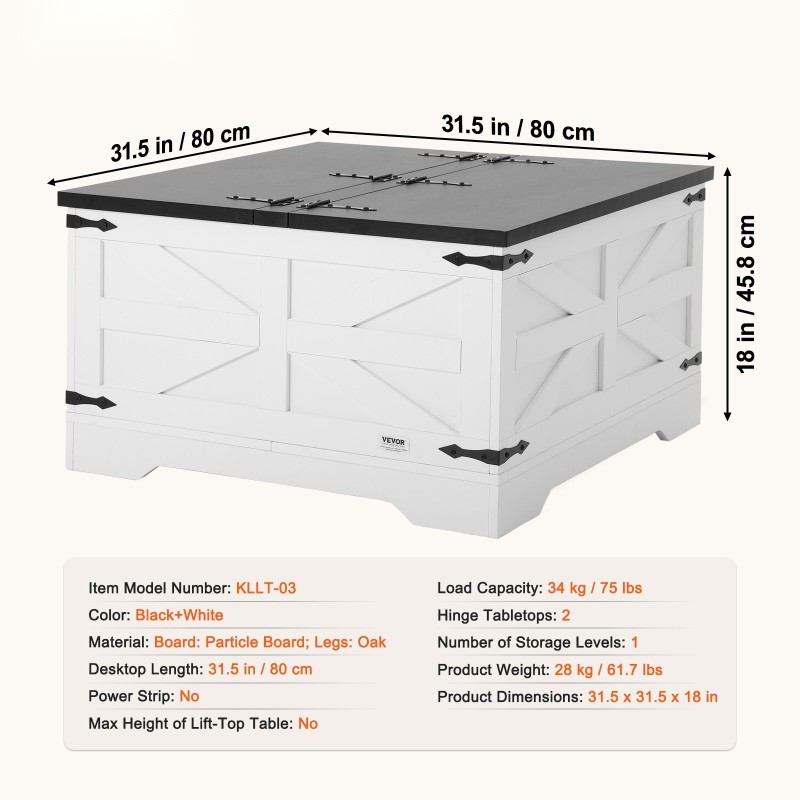 Sohvapöytä neliö 800 mm lastulevy saranoitu kansi säilytystila harmaa ja valkoinen