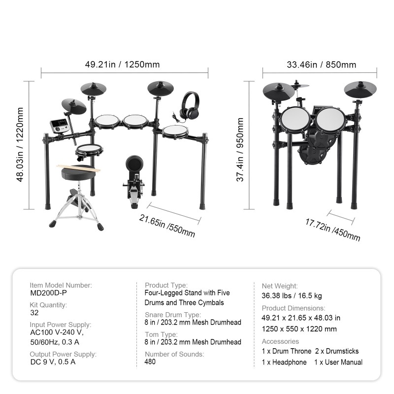 Sähkörumpusetti 32 esiasetusta 480 ääntä 8-tuuman mesh-kalvot USB MIDI