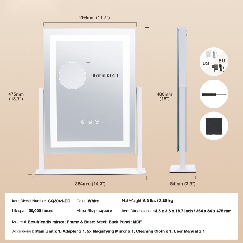 Valaistu meikkipeili viisinkertainen suurennos kolme valonsävyä kosketusohjaus täysin kääntyvä valkoinen