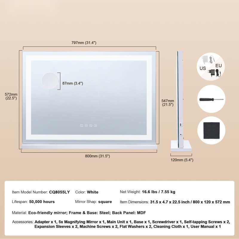 Valopeili neliö valkoinen 800x120x572 mm 3 värilämpötilaa 5x suurennus Bluetooth USB