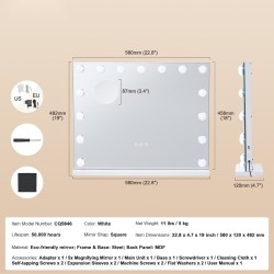 Meikkipeili LED-valoilla 5x suurennuslinssi kosketussäädettävä 58x46 cm valkoinen pöytä ja seinäkiinnitys