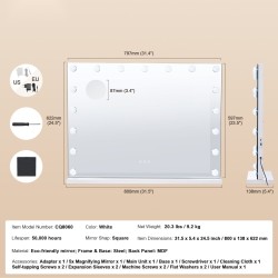 Meikkipeili LED-valaistuksella neliö valkoinen USB-C-liitännällä pöytä ja seinäkiinnitys 5‑kertainen suurennus portaaton