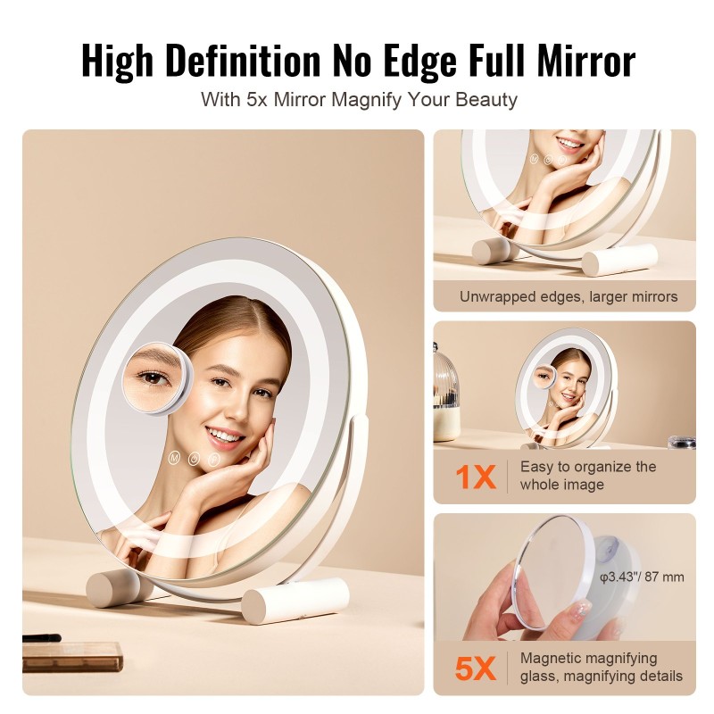 Meikkipeili 12-tuumainen pyöreä LED valkoinen 5X-suurennos 3 värilämpötilaa kosketusohjaus 360-asteinen kääntyvä