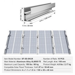 Aurinkopaneelien alumiinikiinnityssarja 10 kiskoa 100 mm 4 pääkiinnikettä 6 välikiinnikettä 35–40 mm