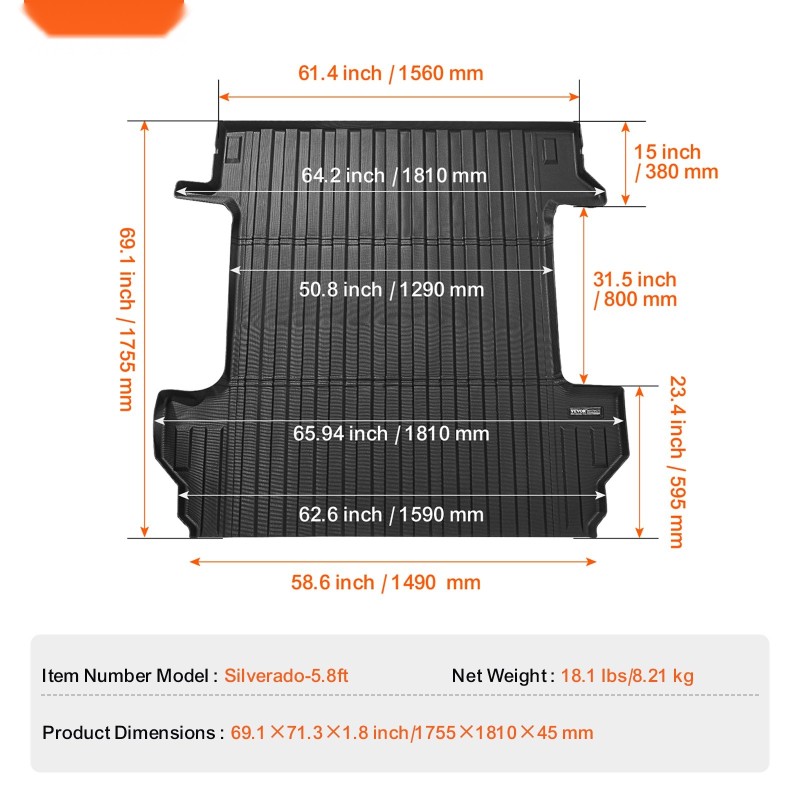 Kuormatilamatto TPE 2019–2024 Chevrolet Silverado GMC Sierra 1500 5,8ft lavalle