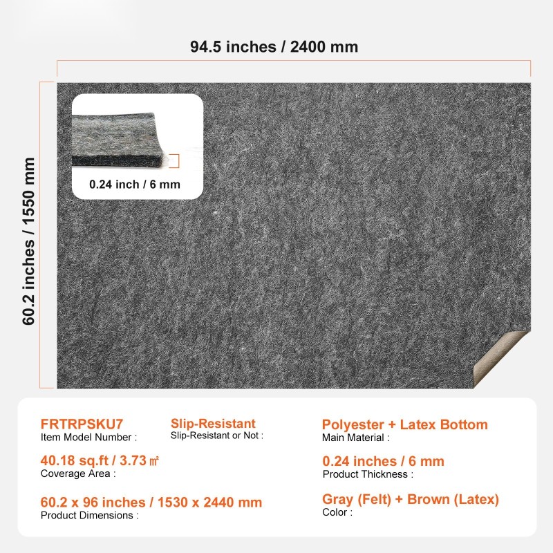 Mattoalusta kaksipuolinen polyesterihuopa lateksipohja 153 x 244 cm 6 mm liukuestopinta