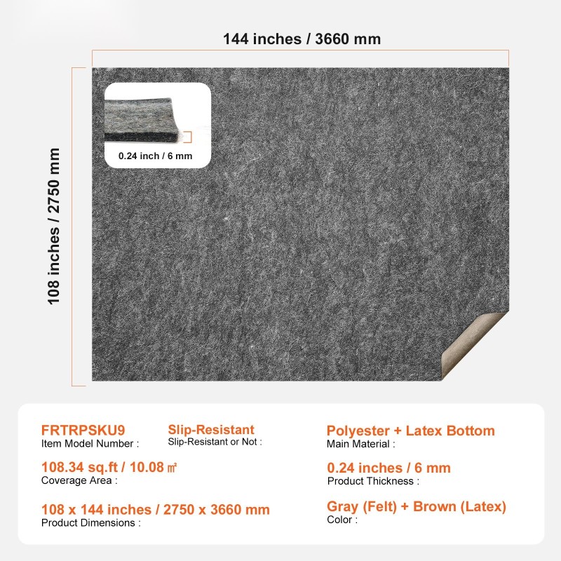 Mattoalusta polyesterihuopa ja lateksi 2750 x 3660 mm 6 mm liukuestolla