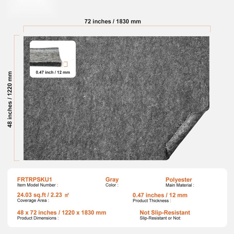 Mattoalusta polyesterihuopa ja lateksi liukuestopintainen 122 x 183 cm 12 mm harmaa
