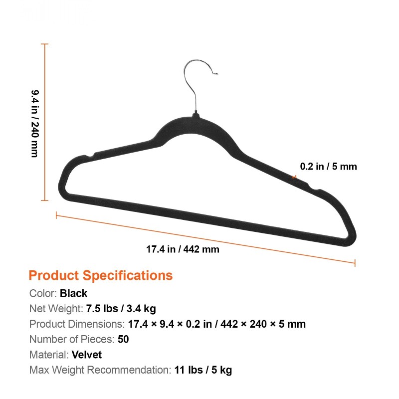 Samettihenkarit 50 kpl musta 5 kg kantavuus 360 asteen kääntyvä koukku