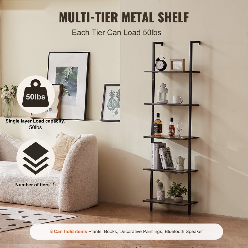 Tikashylly seinään kiinnitettävä 5-tasoinen teräsrunko P2-lastulevy 480x300x1780 mm